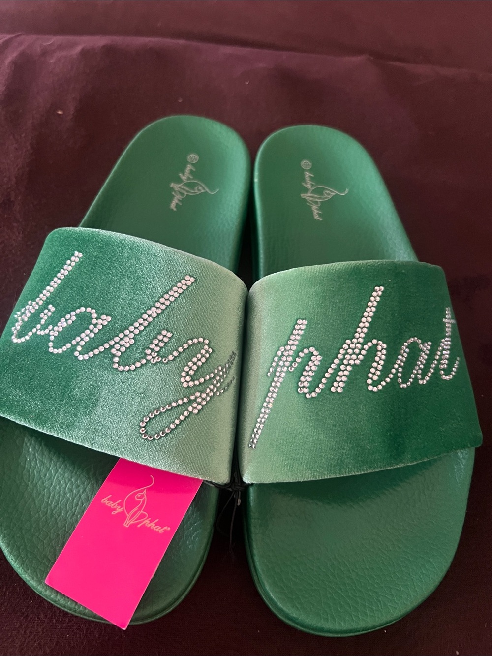 Baby Phat Green Slides rhinestones & velvet like soft straps, women’s 10, new